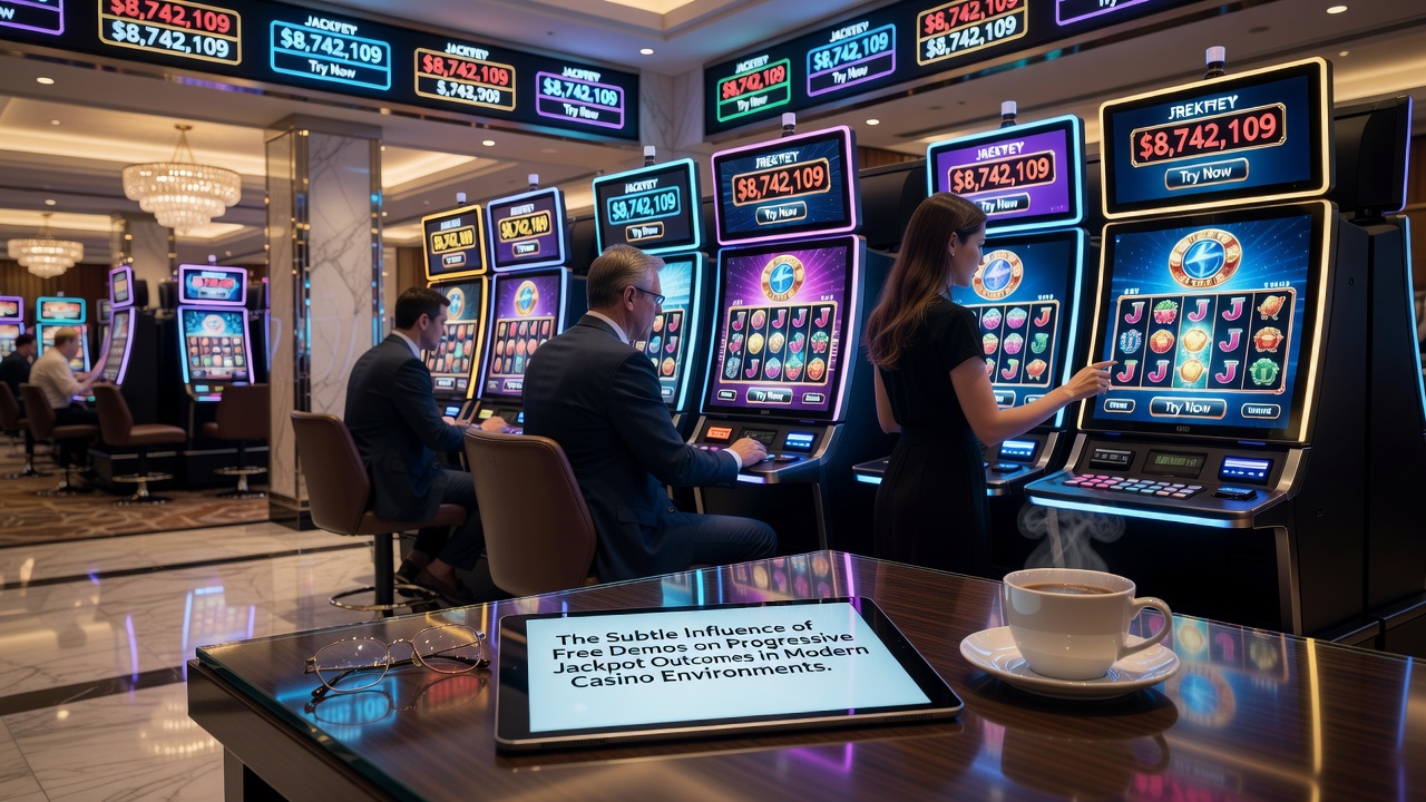 Close-up view of a progressive jackpot display screen alongside a tablet showing a free demo slot interface with identical symbols and paytable